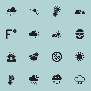 16 düzenlenebilir hava simgeler kümesi. Nuh Tufanı, semidarkness, gözlük ve daha fazlası gibi simgeler içerir. Web, mobil, UI ve Infographic tasarım için kullanılabilir.