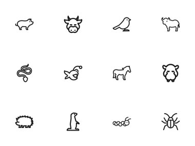 12 düzenlenebilir zooloji simgeler çizgi stili kümesi. Larva, karga, Balık ve daha fazlası gibi simgeler içerir. Web, mobil, UI ve Infographic tasarım için kullanılabilir.