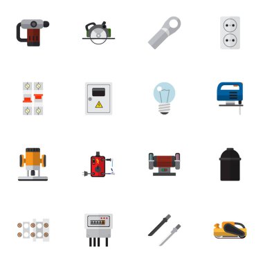 16 düzenlenebilir elektriksel simgeler düz Stil kümesi. Lightbubl, daire testere, freze aracı ve daha fazlası gibi simgeler içerir. Web, mobil, UI ve Infographic tasarım için kullanılabilir.