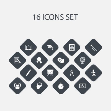 16 düzenlenebilir eğitim simgeler kümesi. Billboard, Küre, bölücüler ölçüm ve daha fazlası gibi simgeler içerir. Web, mobil, UI ve Infographic tasarım için kullanılabilir.