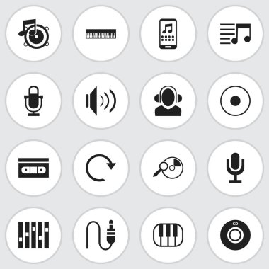 16 düzenlenebilir Medya simgeler kümesi. Piyano, kayıt, bas ve daha fazla gibi simgeler içerir. Web, mobil, UI ve Infographic tasarım için kullanılabilir.