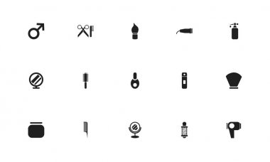 15 düzenlenebilir Kuaför simgeler kümesi. Cihaz, kozmetik şişe, Kuaför araçları ve daha fazlası gibi simgeler içerir. Web, mobil, UI ve Infographic tasarım için kullanılabilir.