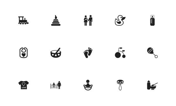 Zestaw 15 można edytować ikony dla niemowląt. Zawiera symbole, takie jak bib, Kaczka, dziecko jedzenie i więcej. Mogą być używane dla sieci web, mobilnych, projektowania interfejsu użytkownika i infografiki. — Wektor stockowy