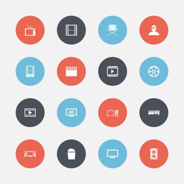 16 düzenlenebilir sinema simgeler kümesi. Kamera şerit, Klaket, televizyon ve daha fazlası gibi simgeler içerir. Web, mobil, UI ve Infographic tasarım için kullanılabilir.