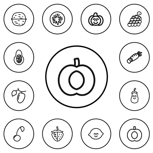 12 szerkeszthető élelmiszer ikonok vonalstílus beállítása. Édes gyümölcs, mahónia, nektarin, és szimbólumokat tartalmaz. Lehet használni a web, mobil, Ui és infographic design. — Stock Fotó