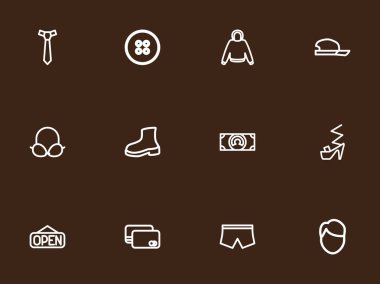 12 düzenlenebilir alışveriş simgeleri çizgi stili kümesi. Erkek boy, sütyen, para ve daha fazlası gibi simgeler içerir. Web, mobil, UI ve Infographic tasarım için kullanılabilir.