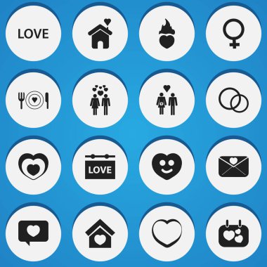 16 düzenlenebilir aşk simgeler kümesi. Semboller gibi asılı yönetim kurulu ve daha fazla insan, soy, içerir. Web, mobil, UI ve Infographic tasarım için kullanılabilir.