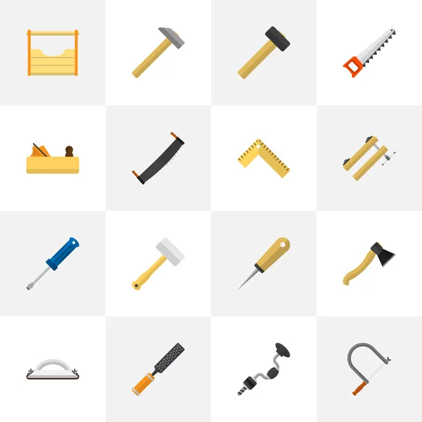 Set de 16 iconos de instrumentos editables de estilo plano. Incluye símbolos como kit de herramientas, barra de metal, cierre y más. Se puede utilizar para diseño web, móvil, IU e infografía . — Archivo Imágenes Vectoriales