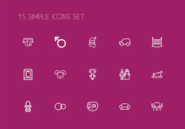 Uppsättning av 15 redigerbara kin ikoner linjeformat. Innehåller symboler som till exempel vård, tvättmaskin, valp och mer. Kan användas för webb-, mobil-, Ui och infographic design. — Stock vektor