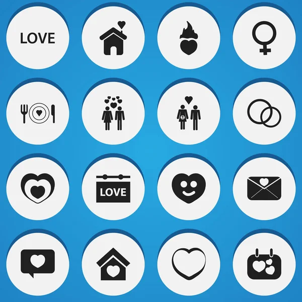 Conjunto de 16 ícones de amor editáveis. Inclui símbolos como pessoas, linhagem, tabuleiro suspenso e muito mais. Pode ser usado para web, mobile, UI e design infográfico . —  Vetores de Stock