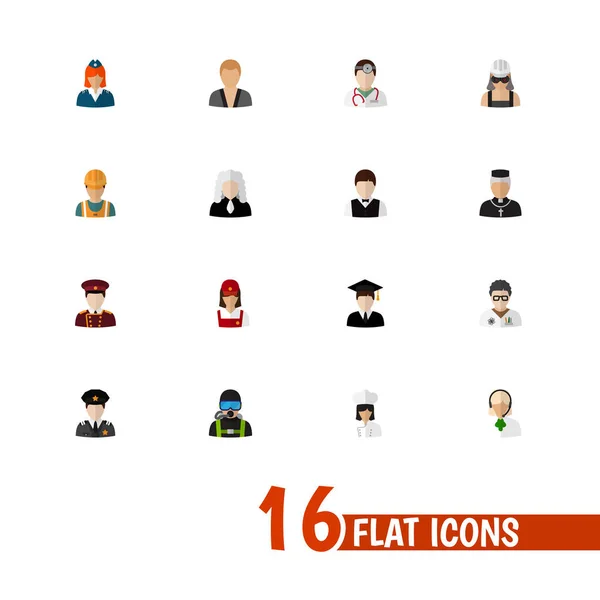 Set of 16 editable profession icons flat style. Includes symbols such as porter, doctor, cook and more. Can be used for web, mobile, UI and infographic design.