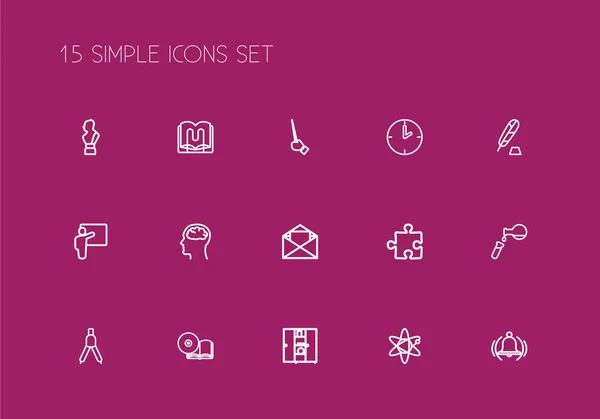 Conjunto de 15 iconos editable enseñar estilo de línea. Incluye símbolos como brújula, disco compacto, reloj y más. Se puede utilizar para diseño web, móvil, IU e infografía . —  Fotos de Stock