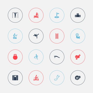 16 düzenlenebilir eğitim simgeler kümesi. Yatay çubuk, egzersiz bisikleti, jimnastik ve daha fazla adam gibi simgeler içerir. Web, mobil, UI ve Infographic tasarım için kullanılabilir.