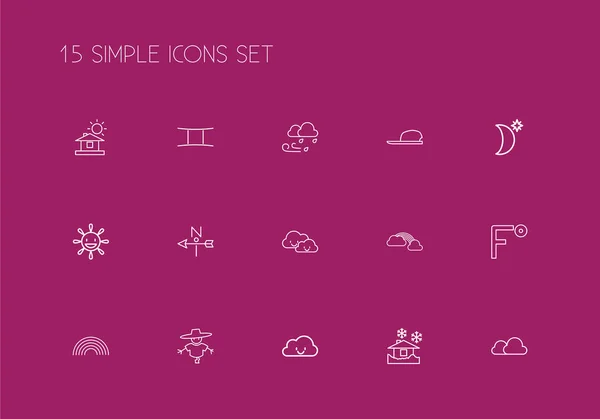 Set de 15 iconos meteorológicos editables estilo línea. Incluye símbolos como el tiempo después de la lluvia, aries, heladas y más. Se puede utilizar para diseño web, móvil, IU e infografía . — Vector de stock