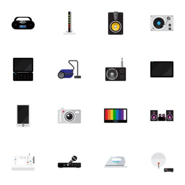 16 düzenlenebilir ev simgeler düz Stil kümesi. Terzilik, tv, hoparlör ve daha fazlası gibi simgeler içerir. Web, mobil, UI ve Infographic tasarım için kullanılabilir.