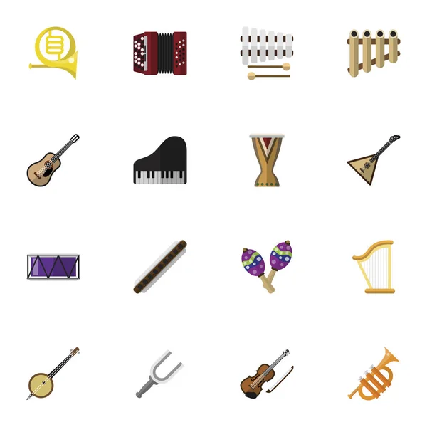 Set de 16 iconos de audio editables de estilo plano. Incluye símbolos como tambor, violín, xilófono y más. Se puede utilizar para diseño web, móvil, IU e infografía . — Vector de stock