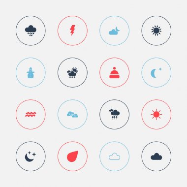 16 düzenlenebilir iklim simgeler kümesi. Güneş, elektrik deşarj, iklim ve daha fazlası gibi simgeler içerir. Web, mobil, UI ve Infographic tasarım için kullanılabilir.