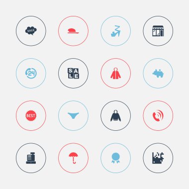 16 düzenlenebilir ticaret simgeler kümesi. Şemsiye, metin, bulut gibi simgeler qr kod ve daha fazlasını içerir. Web, mobil, UI ve Infographic tasarım için kullanılabilir.