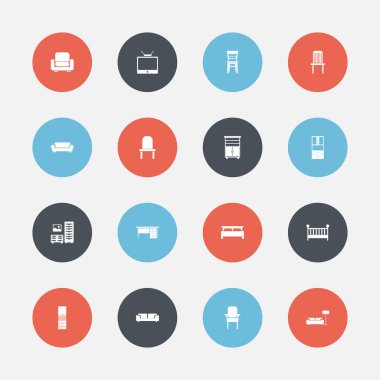 16 düzenlenebilir mobilyalar simgeler kümesi. Tezgah, davenport, lounge ve daha fazlası gibi simgeler içerir. Web, mobil, UI ve Infographic tasarım için kullanılabilir.