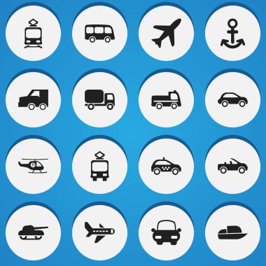 16 düzenlenebilir taşıma simgeler kümesi. Uçak, eğitmen kabin, sepeti ve daha fazlası gibi simgeler içerir. Web, mobil, UI ve Infographic tasarım için kullanılabilir.