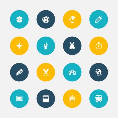 16 düzenlenebilir eğitim simgeler kümesi. Autobus, kalem, çan ve daha fazlası gibi simgeler içerir. Web, mobil, UI ve Infographic tasarım için kullanılabilir.