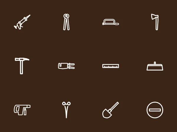 Набор из 12 съедобных инструментов в стиле линейки. Включает в себя такие символы, как гаечный ключ, щипцы, скребок и многое другое. Может использоваться для веб, мобильного, пользовательского и инфографического дизайна . — стоковый вектор