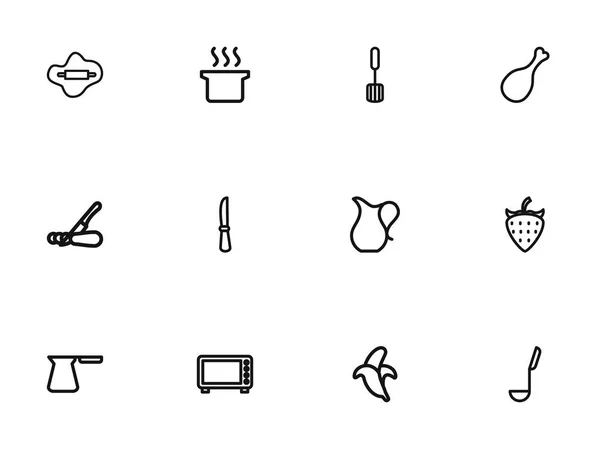 Set de 12 iconos de cocina editables estilo línea. Incluye símbolos como caldo, cezve, microondas y más. Se puede utilizar para diseño web, móvil, IU e infografía . — Archivo Imágenes Vectoriales