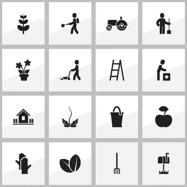 Conjunto de 16 iconos de jardinería editable. Incluye símbolos como tractor, fronda, casa de jardín y más. Se puede utilizar para diseño web, móvil, IU e infografía . — Foto de Stock
