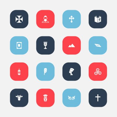 16 düzenlenebilir din simgeler kümesi. Hint inek, Demir Haç, Hıristiyan çapraz ve daha fazlası gibi simgeler içerir. Web, mobil, UI ve Infographic tasarım için kullanılabilir.