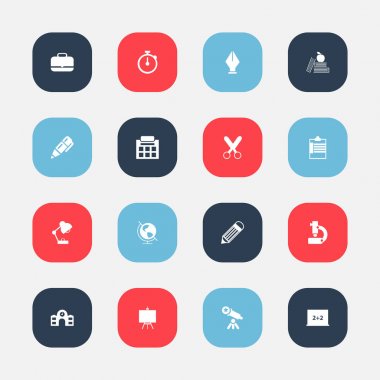 16 düzenlenebilir okul simgeler kümesi. Evrak çantası, dünya, zaman çizelgesi ve daha fazlası gibi simgeler içerir. Web, mobil, UI ve Infographic tasarım için kullanılabilir.