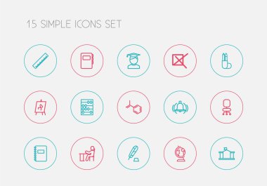 15 düzenlenebilir eğitim simgeler çizgi stili kümesi. Şekil, sandalye, formül ve daha fazlası gibi simgeler içerir. Web, mobil, UI ve Infographic tasarım için kullanılabilir.