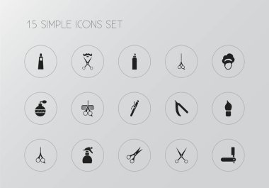 15 düzenlenebilir Kuaför simgeler kümesi. Gibi araç, keskin, kesme ve daha fazla kesim sembolleri içerir. Web, mobil, UI ve Infographic tasarım için kullanılabilir.