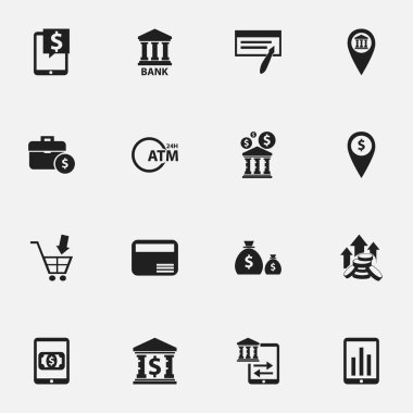 16 düzenlenebilir bankacılık simgeler kümesi. Dolar, otomatik vezne makinesi, sikke ve daha fazla gibi simgeler içerir. Web, mobil, UI ve Infographic tasarım için kullanılabilir.