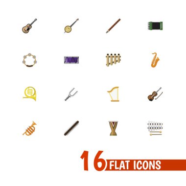 16 düzenlenebilir müzik simgeleri düz Stil kümesi. Fransız kornosu, gitar, klarnet ve daha fazlası gibi simgeler içerir. Web, mobil, UI ve Infographic tasarım için kullanılabilir.