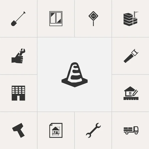Satz von 13 editierbaren Bausymbolen. beinhaltet Symbole wie Gebäude, Warnkegel, Drehgestell und mehr. kann für Web-, Mobil-, UI- und Infografik-Design verwendet werden. — Stockvektor