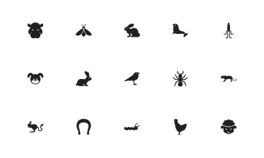 15 düzenlenebilir zooloji simgeler kümesi. Tavşan, köpek, at nalı ve daha fazlası gibi simgeler içerir. Web, mobil, UI ve Infographic tasarım için kullanılabilir.