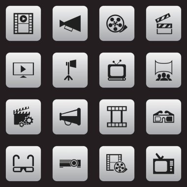 16 düzenlenebilir film simgeler kümesi. Megafon, film şeridi, başlangıç ve daha fazlası gibi simgeler içerir. Web, mobil, UI ve Infographic tasarım için kullanılabilir.