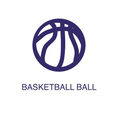 Basketbol elemanı düz basit bir şekilde beyaz zemin üzerinde. Metin isimli konsept şablonlu basketbol topu simgesi