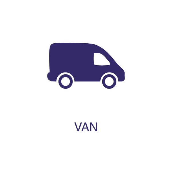 Van στοιχείο σε επίπεδο απλό στυλ σε λευκό φόντο. Εικονίδιο Van, με πρότυπο έννοιας ονόματος κειμένου — Διανυσματικό Αρχείο