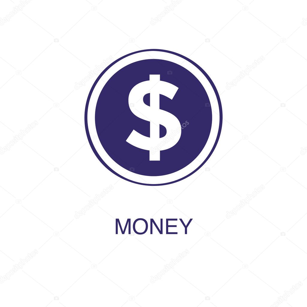 Money element in flat simple style on white background. Money icon, with text name concept