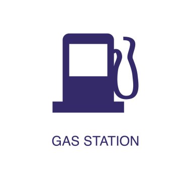 Benzin istasyonu ögesi beyaz arkaplanda düz basit bir şekilde. Metin adı konsept şablonuyla benzin istasyonu simgesi