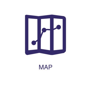 Beyaz arkaplanda düz basit bir şekilde harita ögesi. Metin adı konsept şablonuna sahip harita simgesi