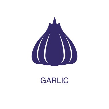 Beyaz arkaplanda düz sade sarımsak unsuru. Metin adı konsept şablonlu sarımsak simgesi