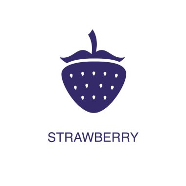 Çilek ögesi beyaz arkaplanda düz basit bir şekilde. Metin adı konsept şablonuyla çilek simgesi