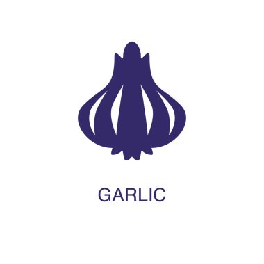 Beyaz arkaplanda düz sade sarımsak unsuru. Metin adı konsept şablonlu sarımsak simgesi