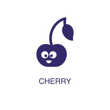 Beyaz zemin üzerinde kiraz ögesi düz basit bir şekilde. Metin adı konsept şablonuyla kiraz simgesi