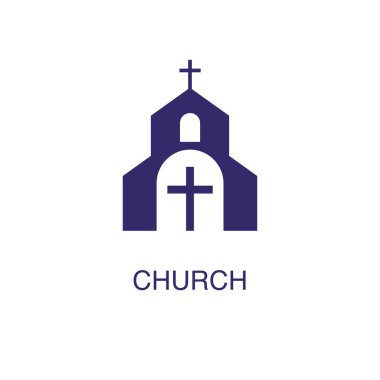 Beyaz arka planda düz ve basit bir kilise unsuru. Metin adı konsept şablonuyla kilise simgesi