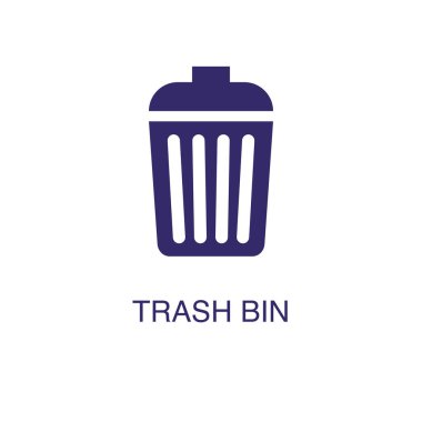 Çöp tenekesi ögesi beyaz arkaplanda düz basit bir şekilde. Metin adı konsept şablonuna sahip çöp kutusu simgesi