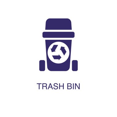Çöp tenekesi ögesi beyaz arkaplanda düz basit bir şekilde. Metin adı konsept şablonuna sahip çöp kutusu simgesi