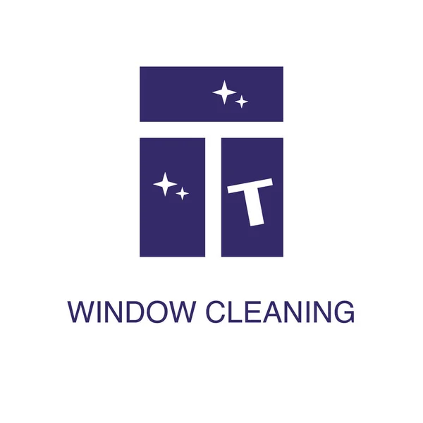 Élément de nettoyage des fenêtres dans un style plat et simple sur fond blanc. icône de nettoyage de fenêtre, avec modèle de concept de nom de texte — Image vectorielle